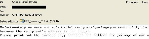Falsos correos electrnicos de UPS distribuyen el troyano Agent.JEN