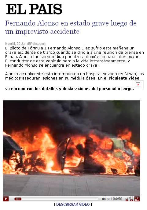 Una noticia sobre un falso accidente de Fernando Alonso está siendo usada para distribuir un troyano bancario