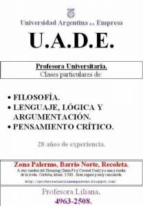 Pensamiento crtico. 49632508. Profesora. Barrio Norte. Amplia experiencia. UADE.