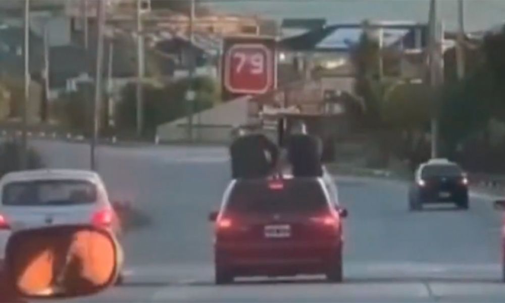 Llevó a dos personas sobre el techo de su auto